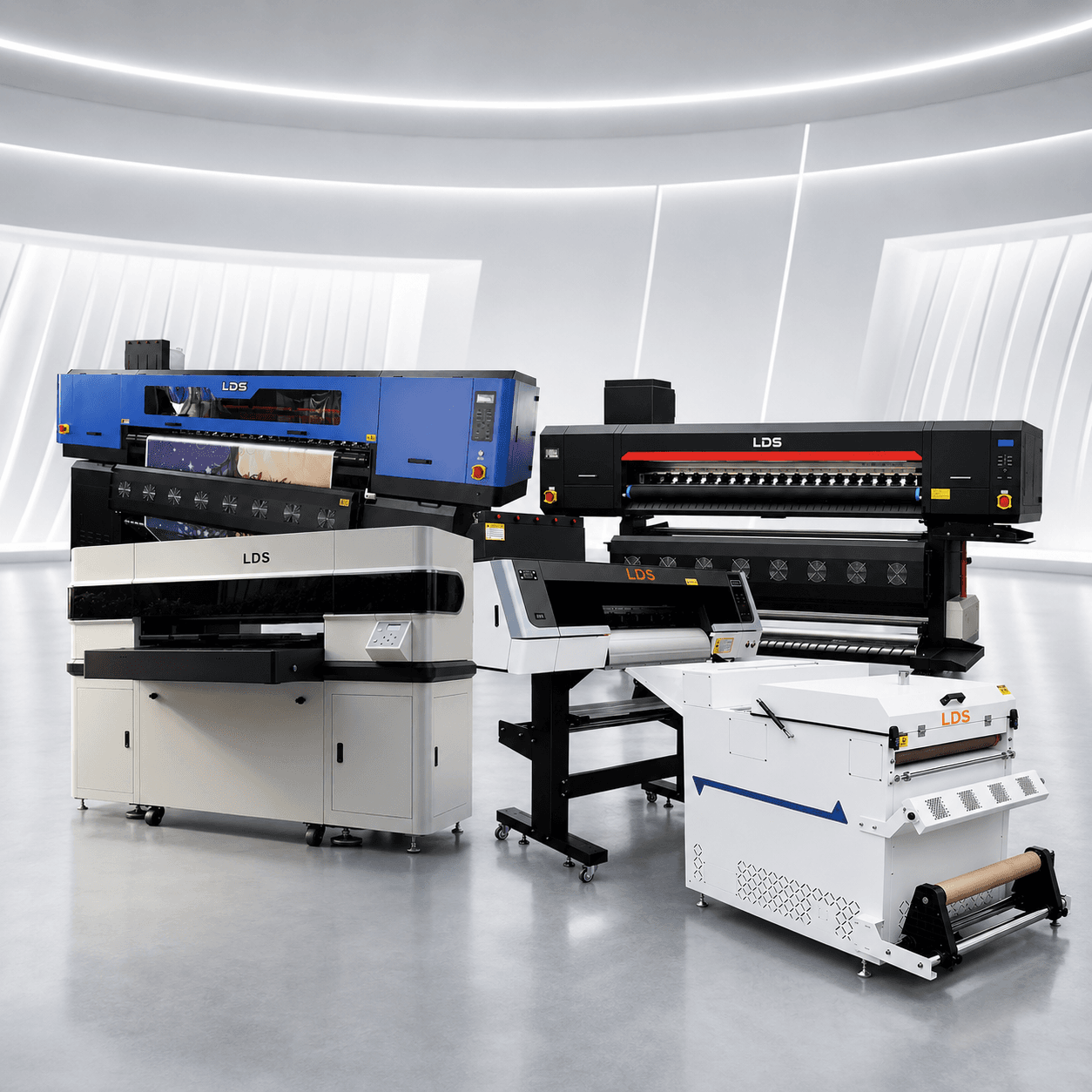 Industrial DTF printer in studio lighting